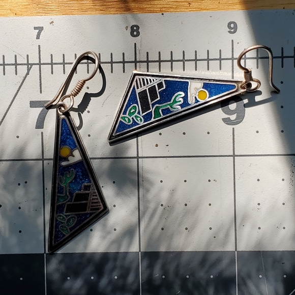 925 Sterling Colorful Scenic Inlay Dangle Earrings - Picture 3 of 5